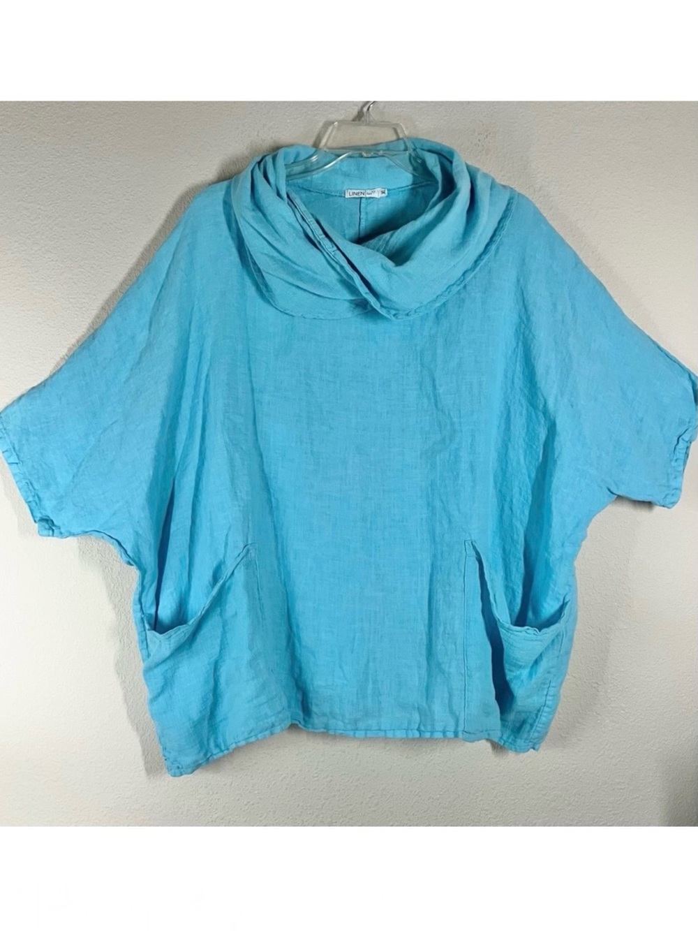 LINEN Slouchy Blouse Top Dolman Sleeve XL Lagenlook Artsy Resort Italy Made Aqua